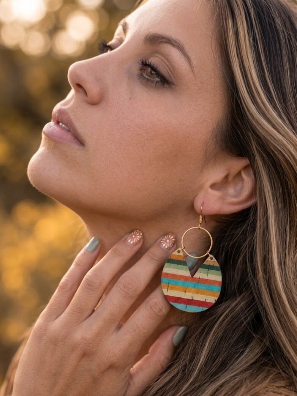 Wood Drop Earrings Colorful Striped Retro 70s Boho Gold Tone Multicolor 3"
